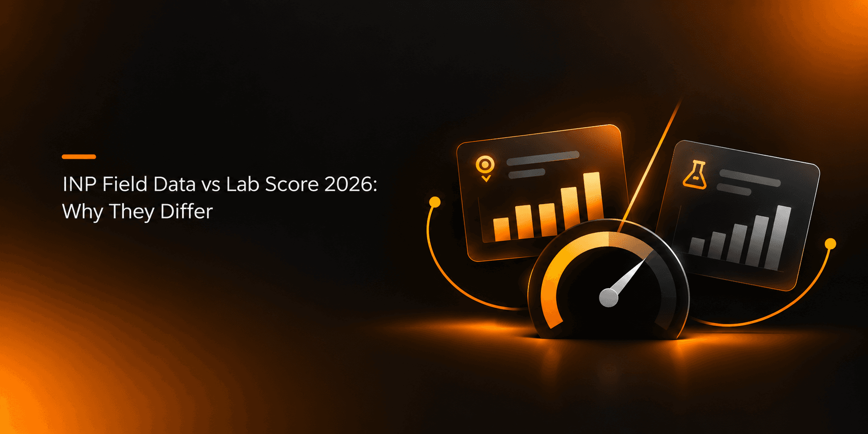 Dark feature image illustrating INP field data vs lab score in 2026, with an orange speedometer gauge, analytics dashboards, performance charts, and a black background with orange highlights.