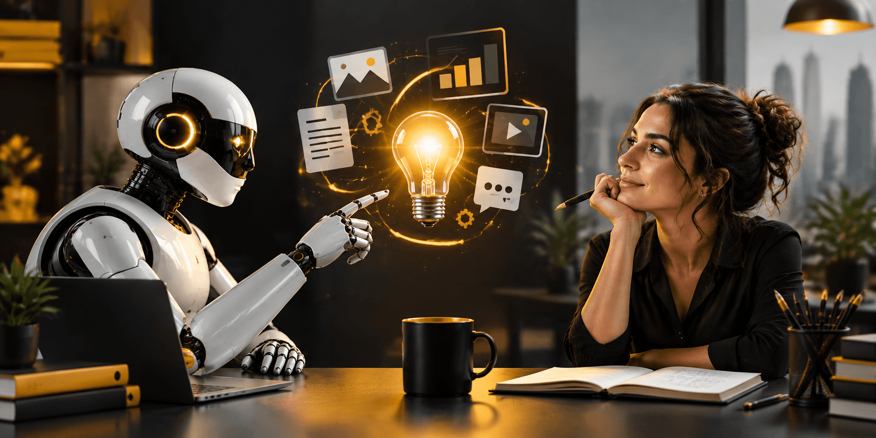 AI and human creativity collaboration in digital marketing, showing a futuristic AI assistant and creative professional working together on content strategy and innovation.