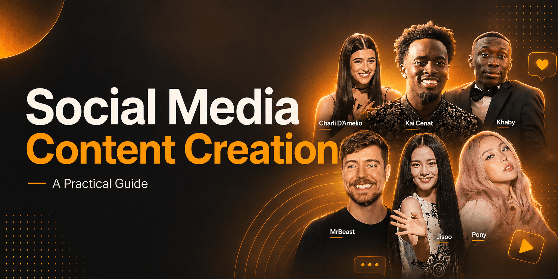 Social media content creation guide featuring popular content creators Charli D’Amelio, Kai Cenat, Khaby, MrBeast, Jisoo, and Pony.