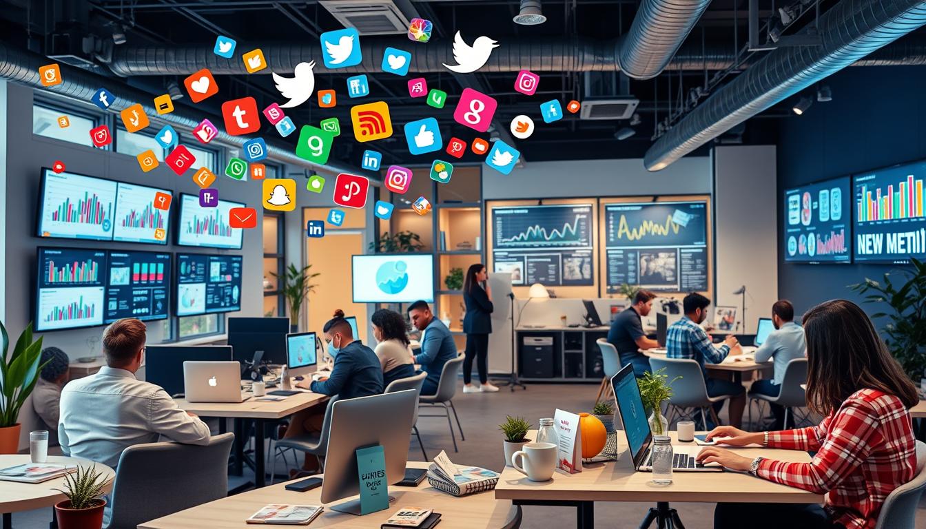 "Modern office space showcasing a dynamic team working on social media strategies, highlighting the role of a **social media marketing agency for small businesses** in driving growth and engagement."